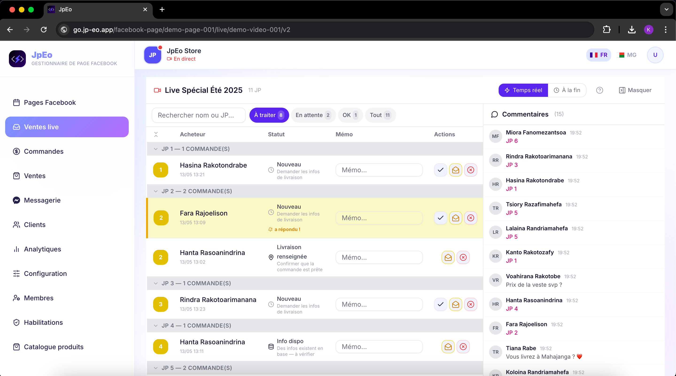 Tableau de bord JpEo — live en cours avec JP captés en temps réel