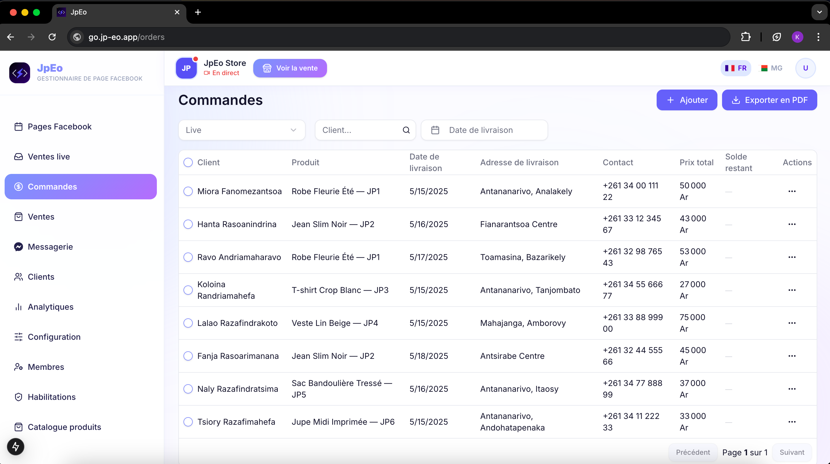 Liste des commandes avec export PDF
