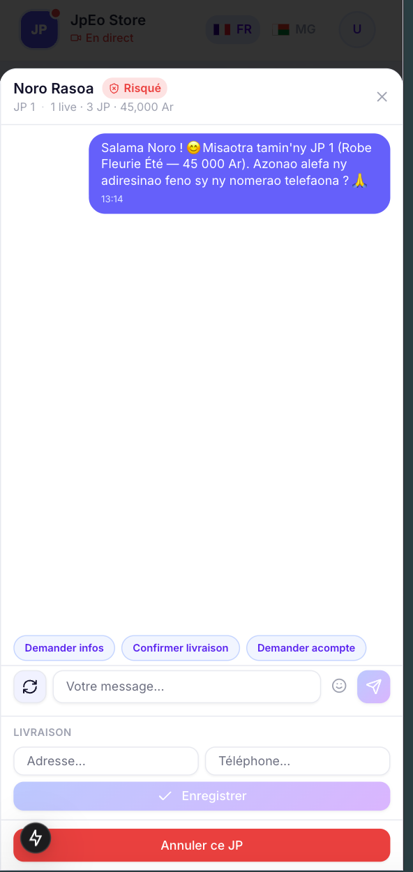 Conversation Messenger dans JpEo : message de confirmation en malgache envoyé à une acheteuse
